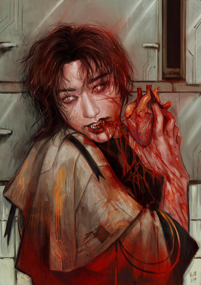 jisung eating a human heart, covered in blood